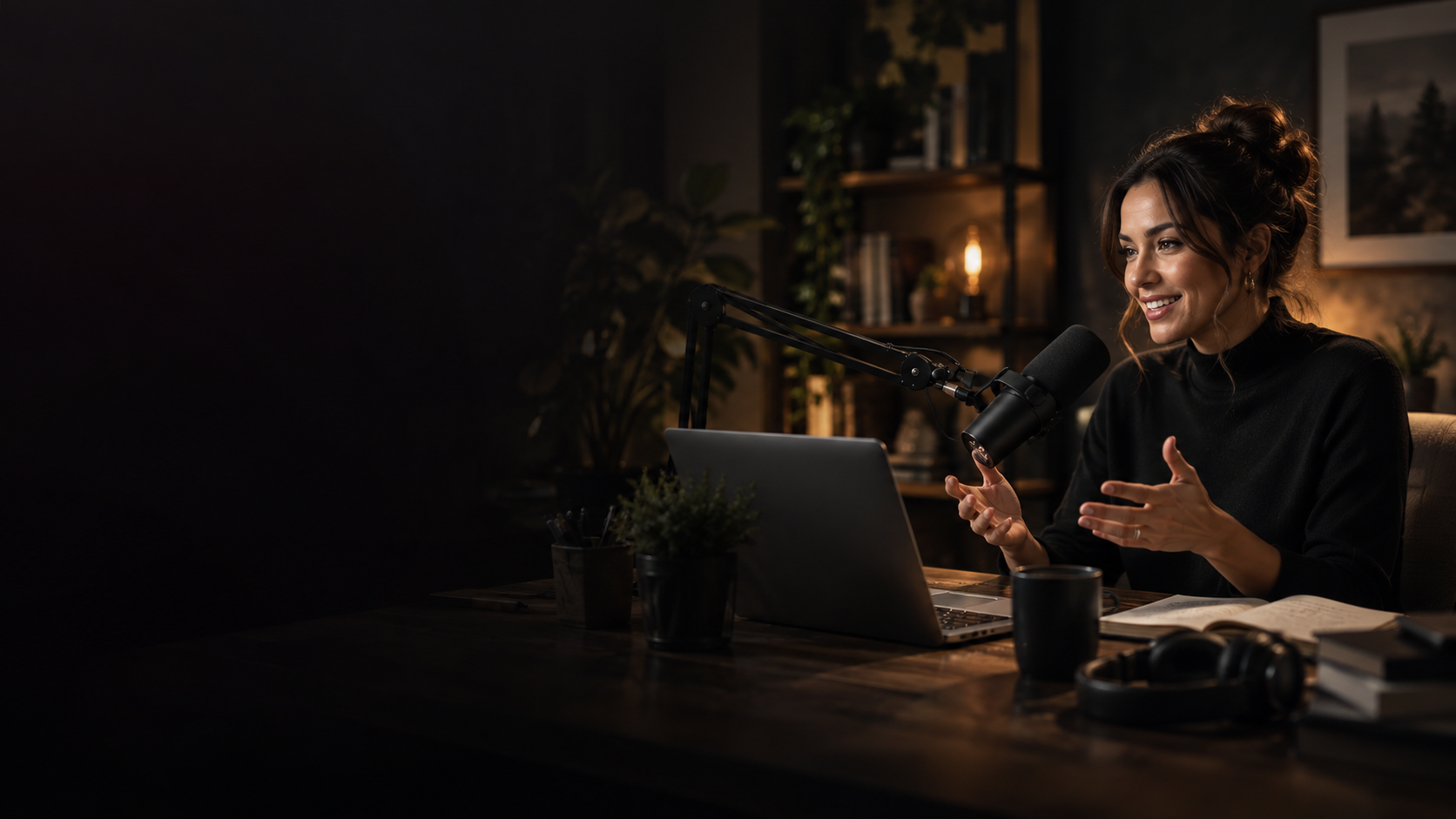 Woman speaking into a microphone at a studio desk with a laptop