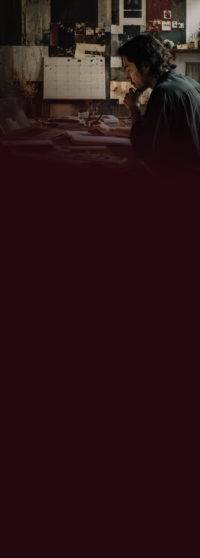 A warm desk scene with someone writing, used as the mobile hero background