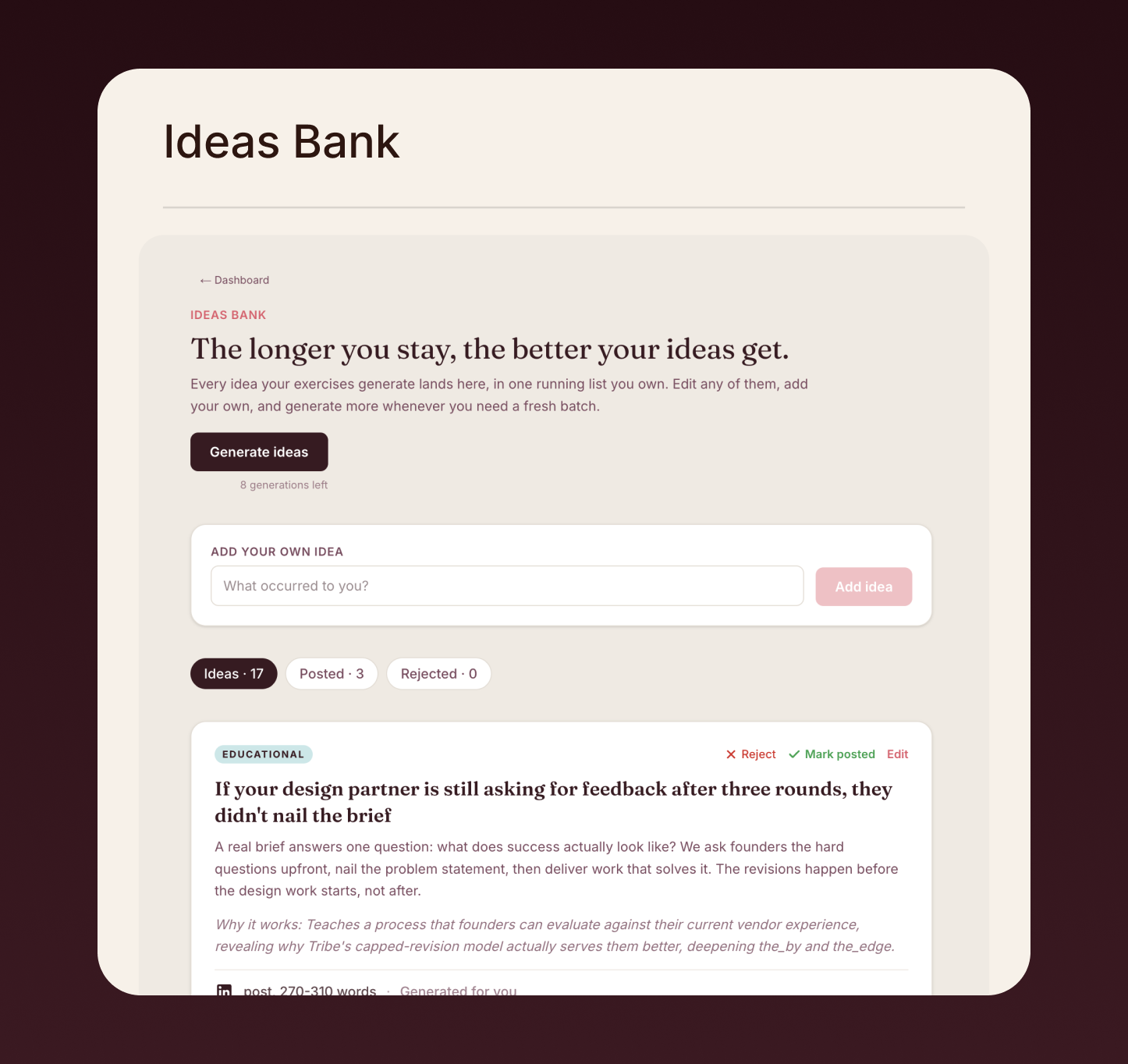 Ideas Bank showing a running list of generated ideas you own and can edit