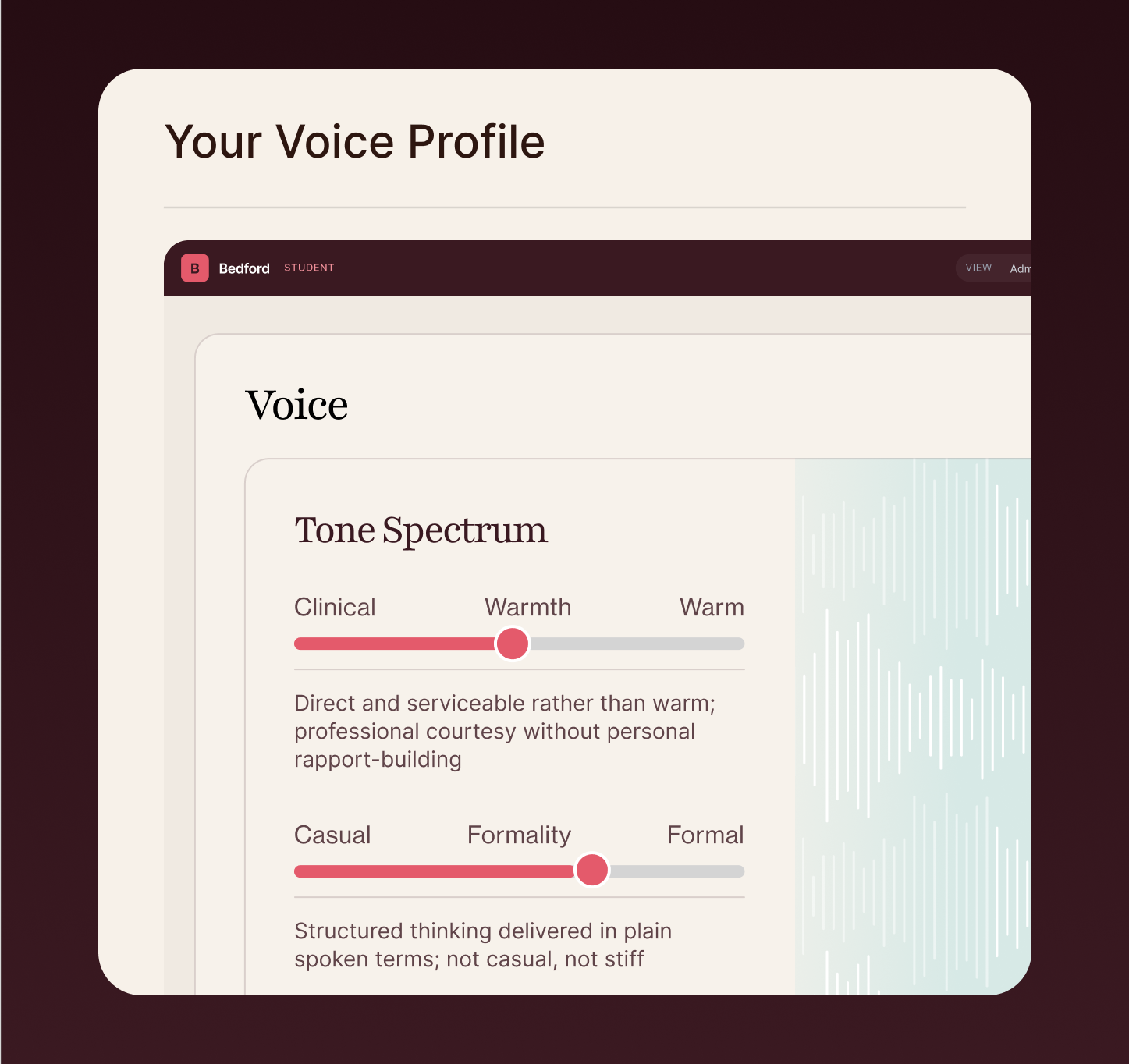 Your Voice Profile dashboard showing the Tone Spectrum for warmth and formality