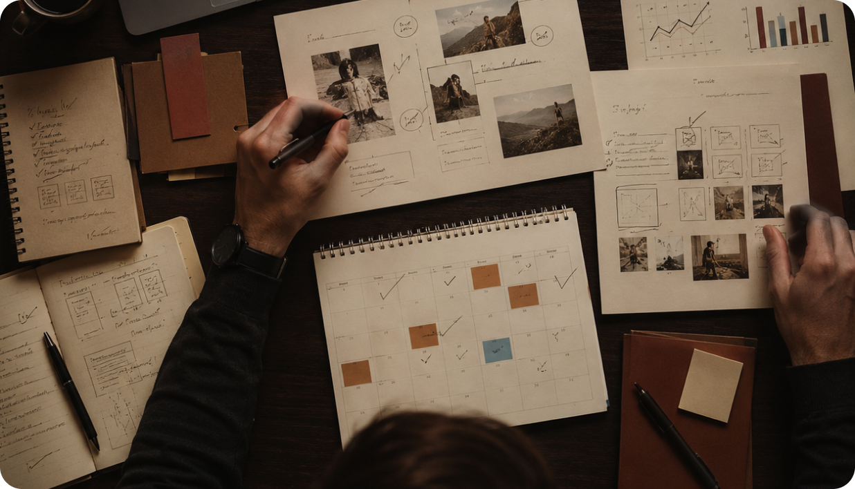 A creator planning content on a desk covered with storyboards, calendars, and notes