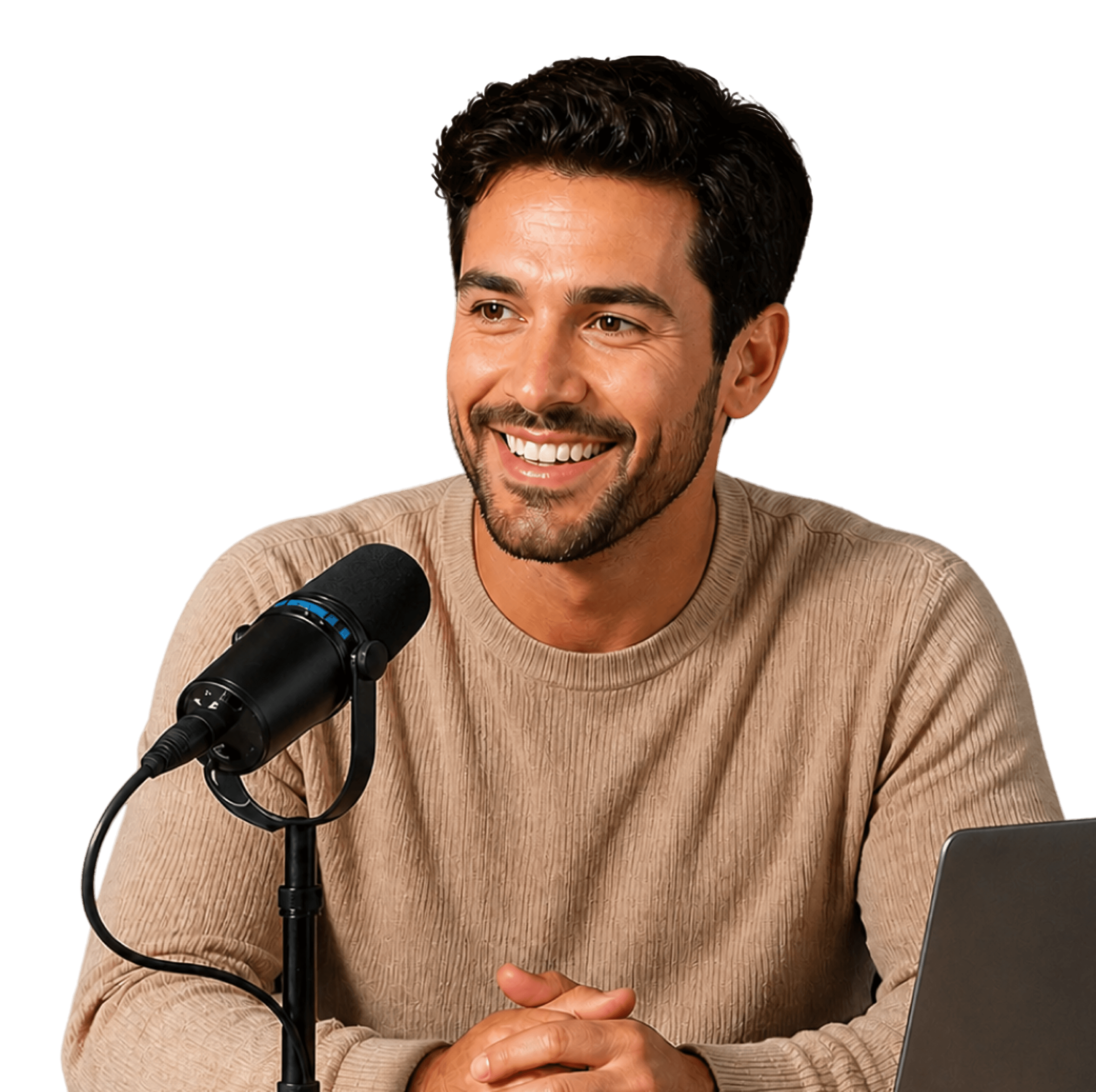 Bedford Studio member at a podcast microphone