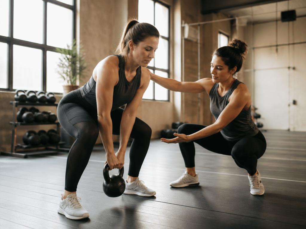 Trainer coaching a client through an exercise