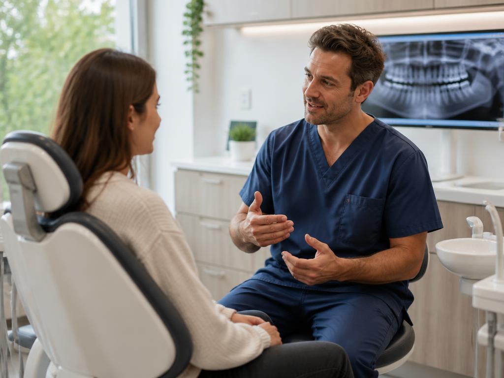 Dentist talking with a patient in a modern practice
