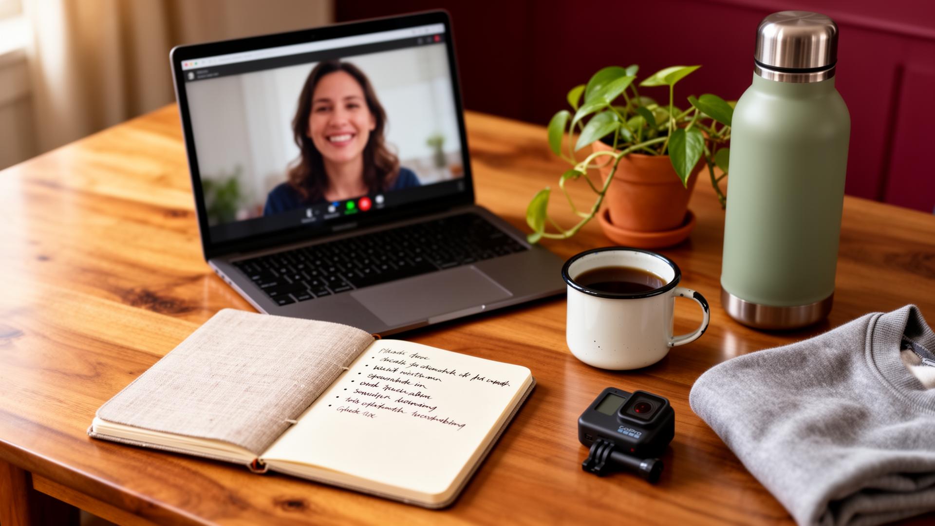 A learner's home office desk during a 1:1 coaching call: a laptop showing a coach mid-conversation on video, an open notebook with red-ink questions on one page and a blank facing page, a ceramic mug of coffee, earbuds, and a face-down phone.