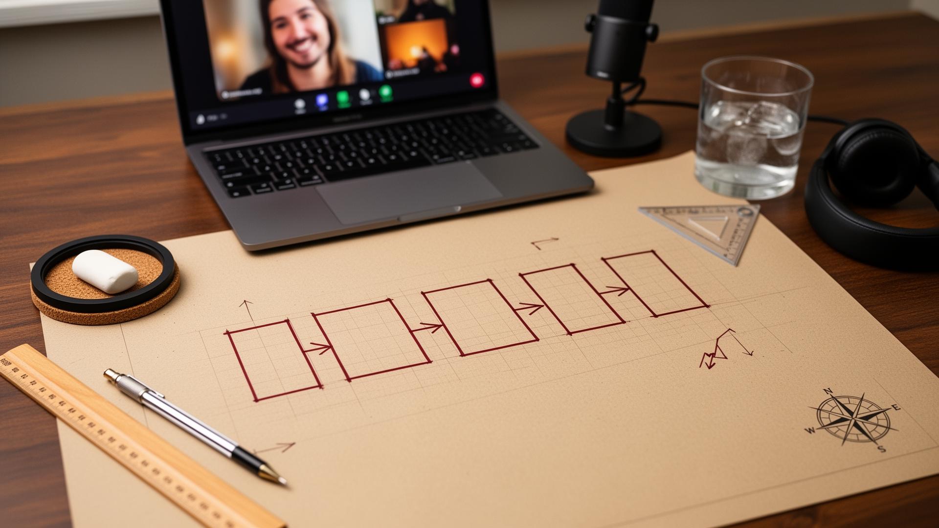 A creator's drafting table with a kraft-paper blueprint: five empty rectangles connected by oxblood-red arrows form a publishing workflow, surrounded by a wooden ruler, pencil, eraser, drafting triangle, brass paperclip, and a laptop showing a creator on a video call.