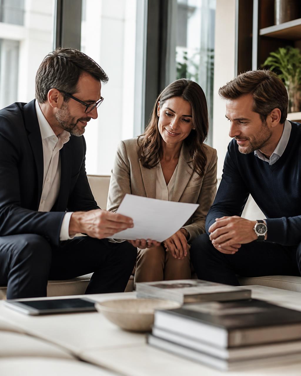 An advisor reviewing work with two clients