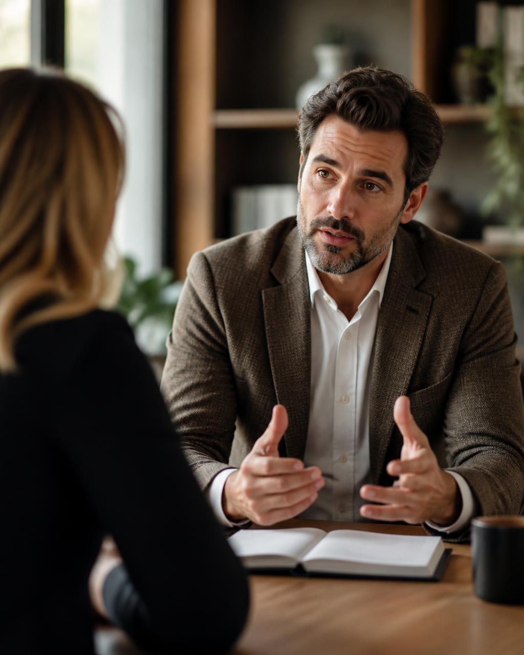 A consultant speaking with conviction across a table