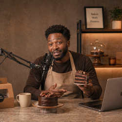 A small business owner recording a video at his counter with a microphone