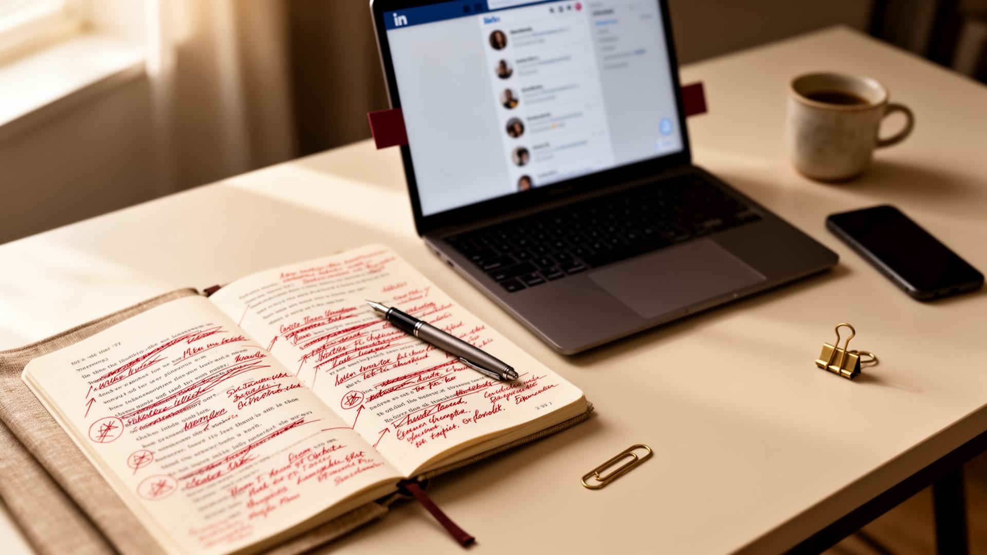 Editorial overhead view of a Bedford Studio worktable: printed drafts with red-ink margin edits, a linen-bound notebook, sticky tabs, a fountain pen.