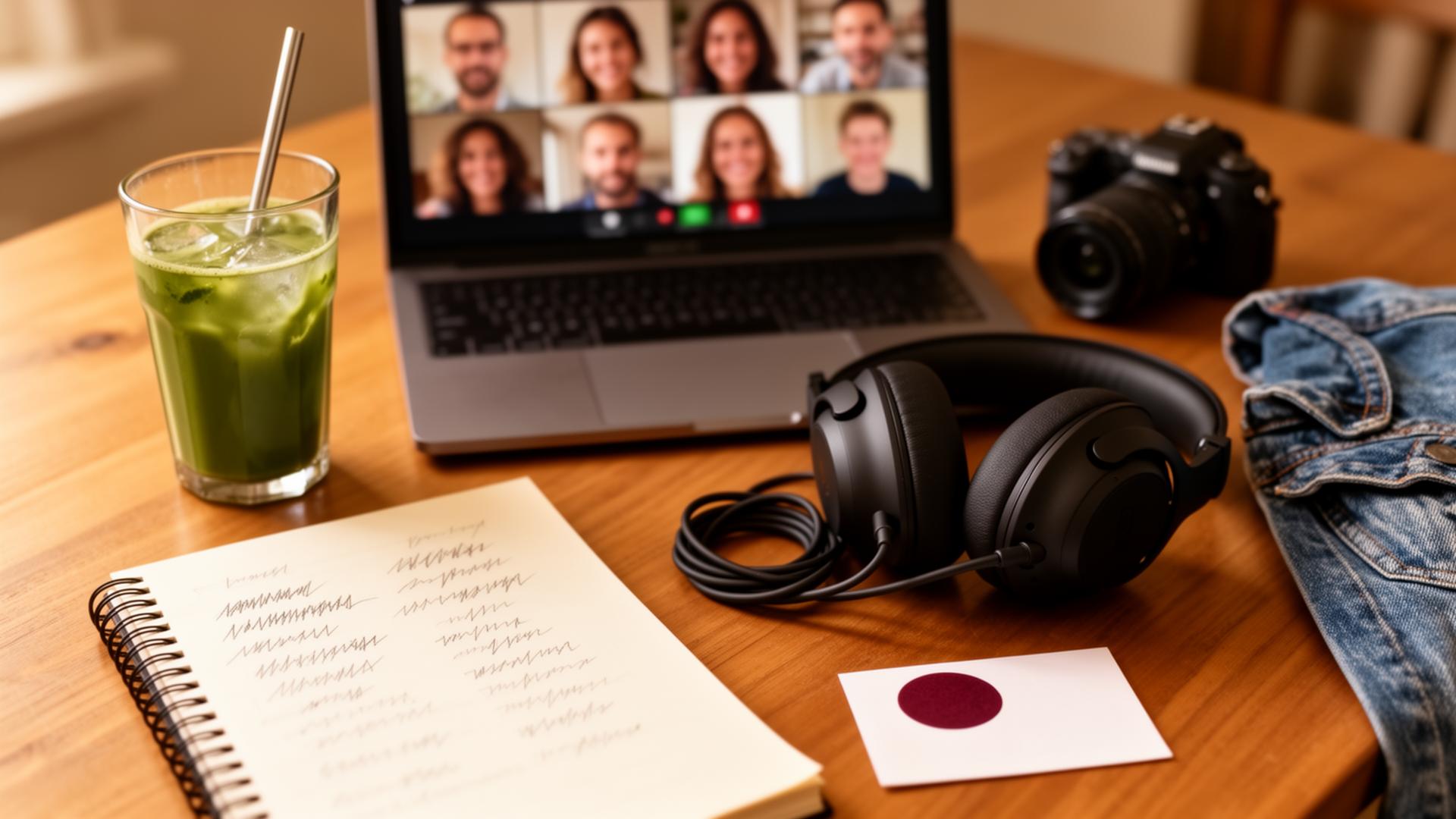 A learner's desk: open laptop on a cohort video call with six small tiles of peers, an open notebook with soft ink notes, a highlighted transcript, coffee, and earbuds.