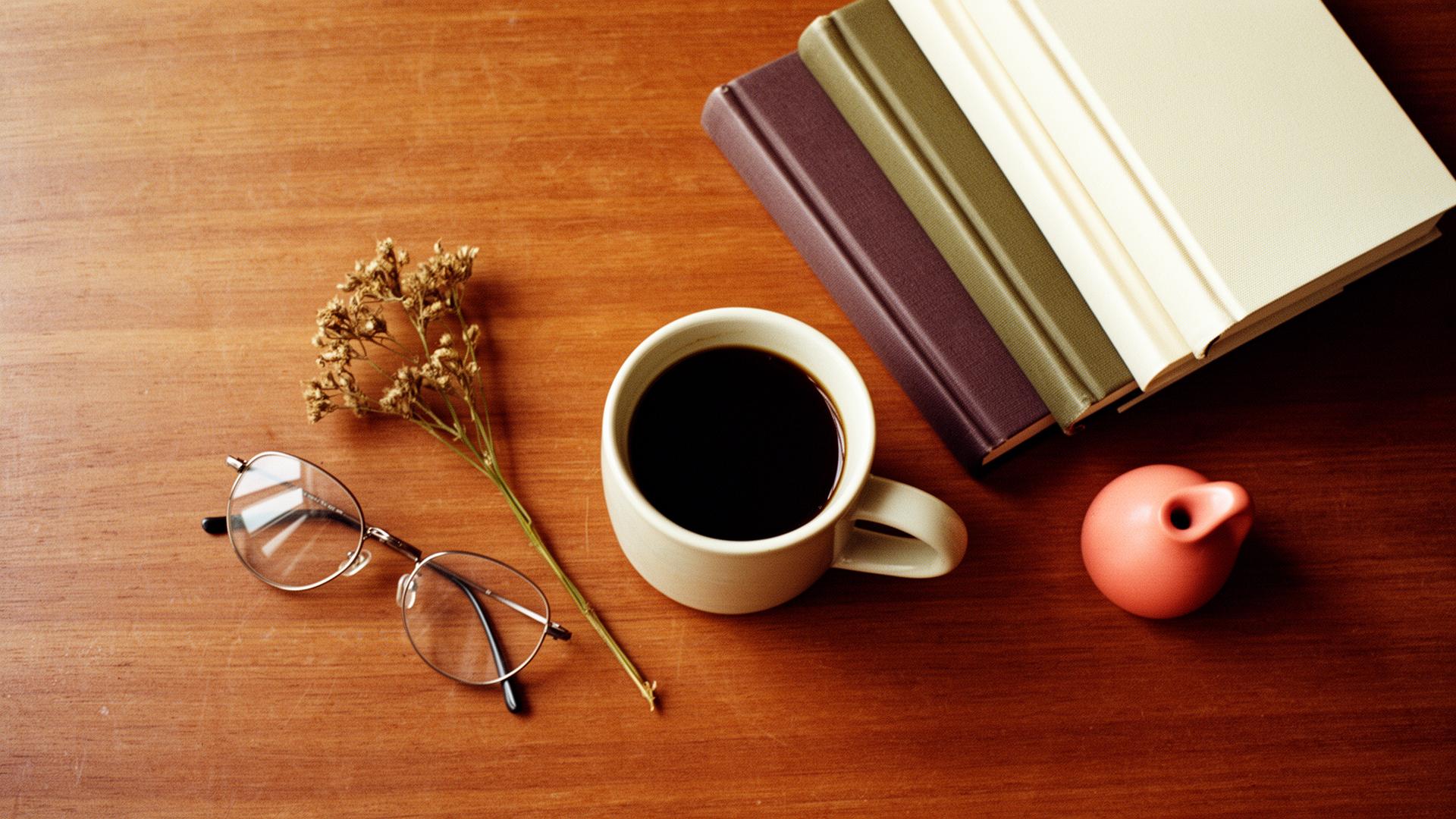 A quiet desk with coffee and glasses and no one at it