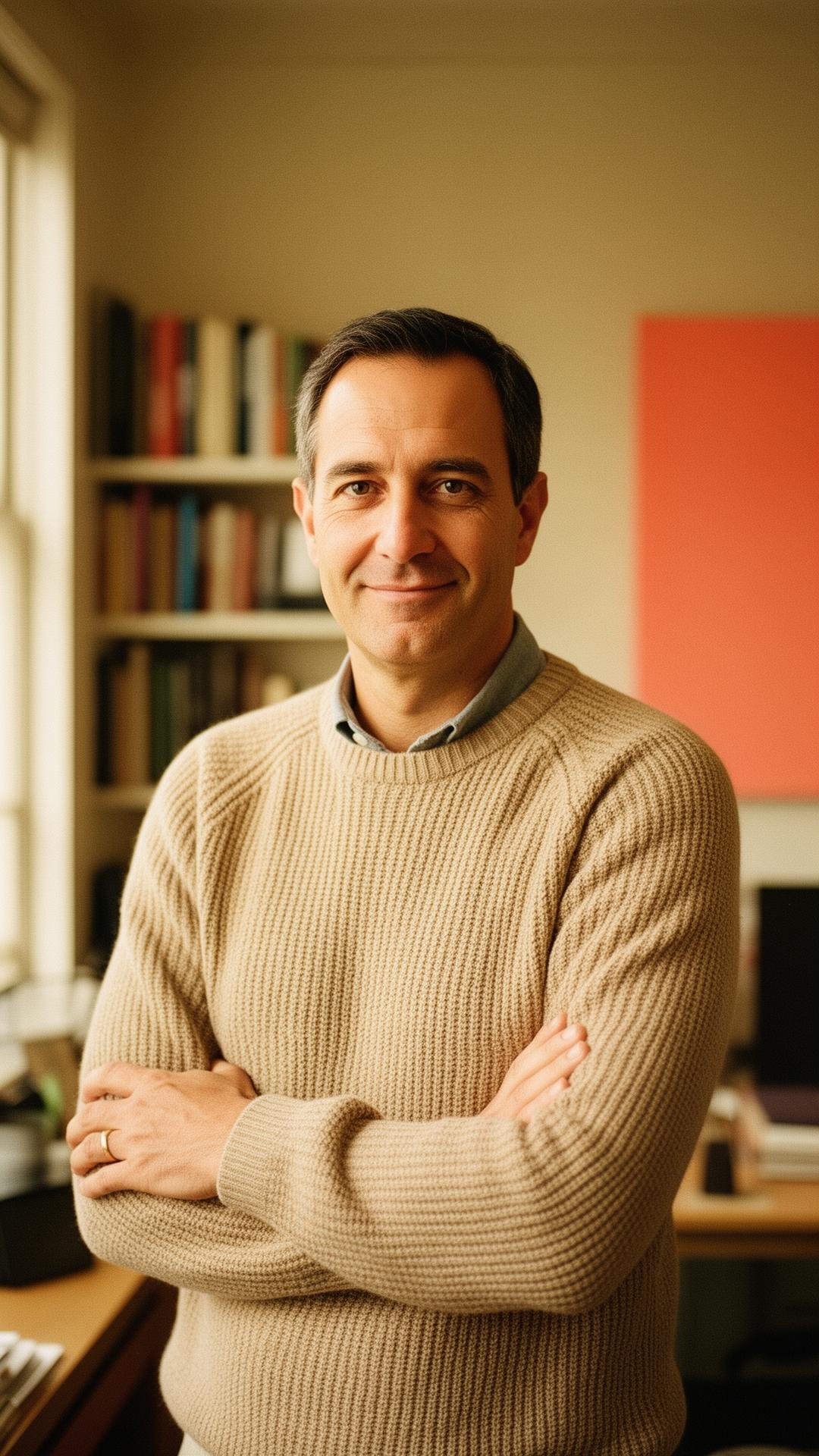 A relaxed professional in a knit sweater smiling in his office
