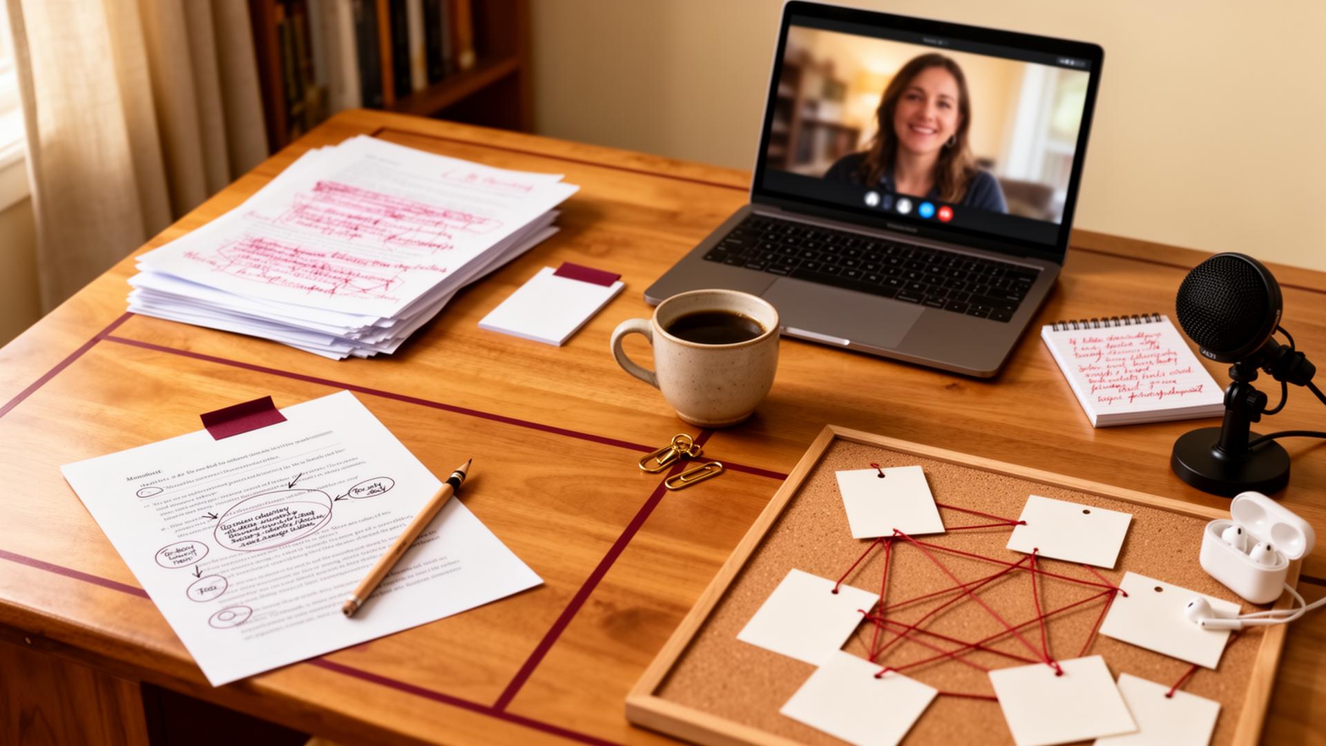 Overhead view of a Bedford Studio working table showing a marked-up first draft, a cleaner second-pass draft, and a finished printed piece — draft, review, publish.
