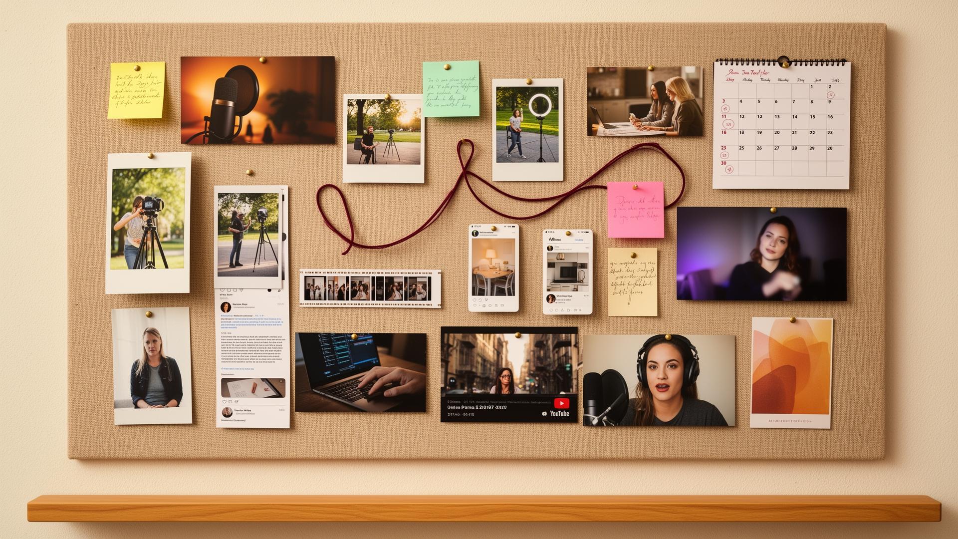 A creator's year-long planning wall: a linen pinboard with twelve varied artifacts — polaroids, a phone screenshot, a hand-drawn chart, a five-box diagram, a photo strip, a circled calendar day, a pressed leaf — connected by a loose constellation of red string.