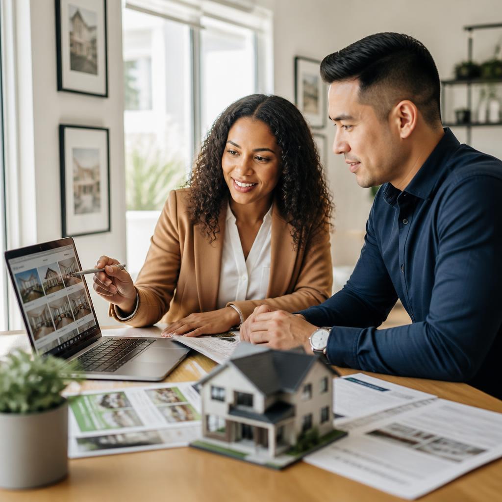 Real estate professionals reviewing property listings together.