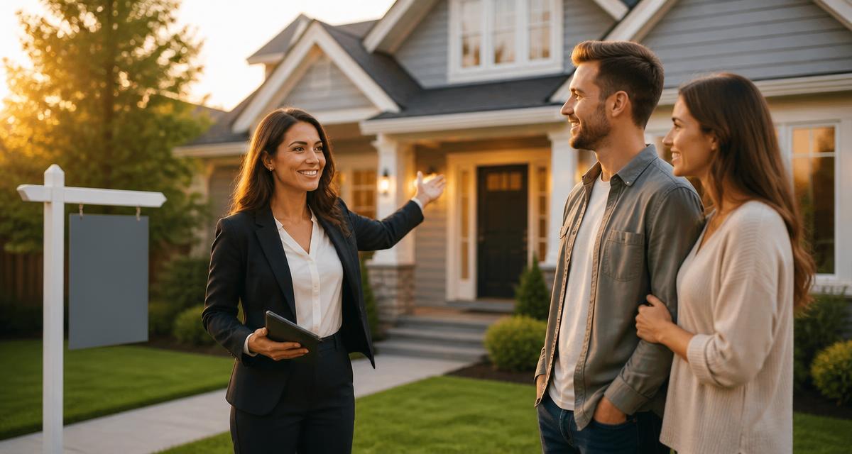 Real estate agent showing a home with a For Sale sign to a couple.
